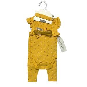 Emily and Oliver Floral Ribbed 3 Piece Set NWT Baby Sz 3-6 Months Yellow Cotton